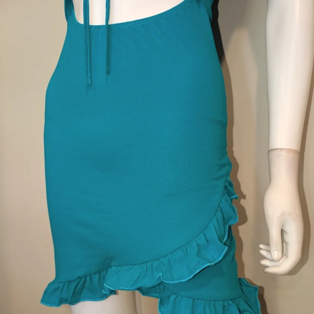 SHEIN Teal Cut Our Front Tie Bust Short Sleeve Ruffle Hem Mini Dress Size Small